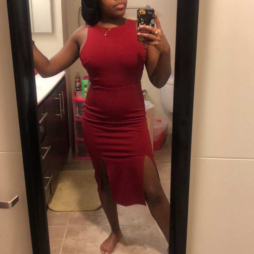 Red midi dress with front leg slits